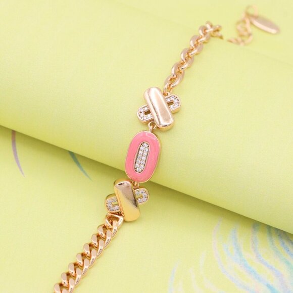 "Rose Gold Bracelet with Pink Enamel and Crystal Accents, XPBL0815 - Picture 5 of 12